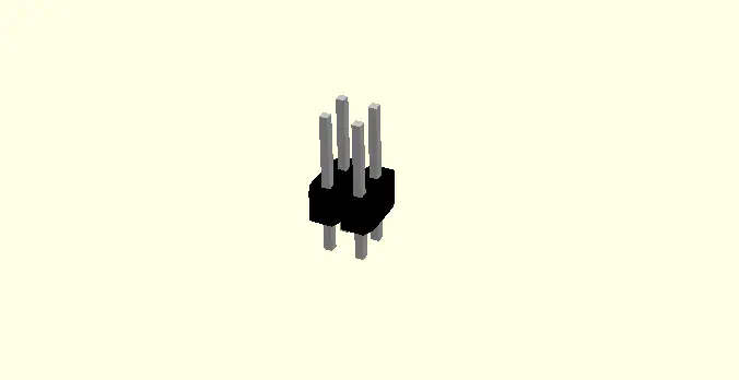 A 3D model of a 4-pin header with 2 rows of 2 pins