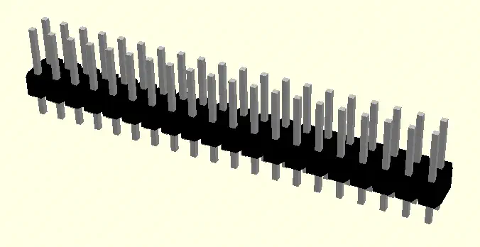 A 3D model of a 40-pin header with 2 rows of 20 pins