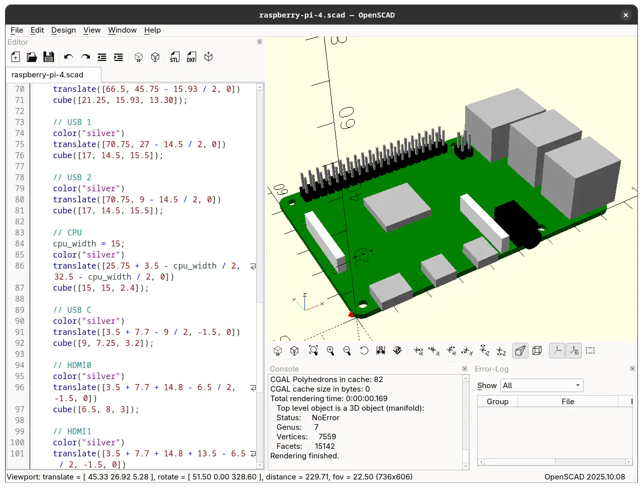A screenshot of OpenSCAD’s interface, displaying code on the left panel which functionally describes a Raspberry Pi and an isometric view of a 3D model of a Raspberry Pi on the right panel